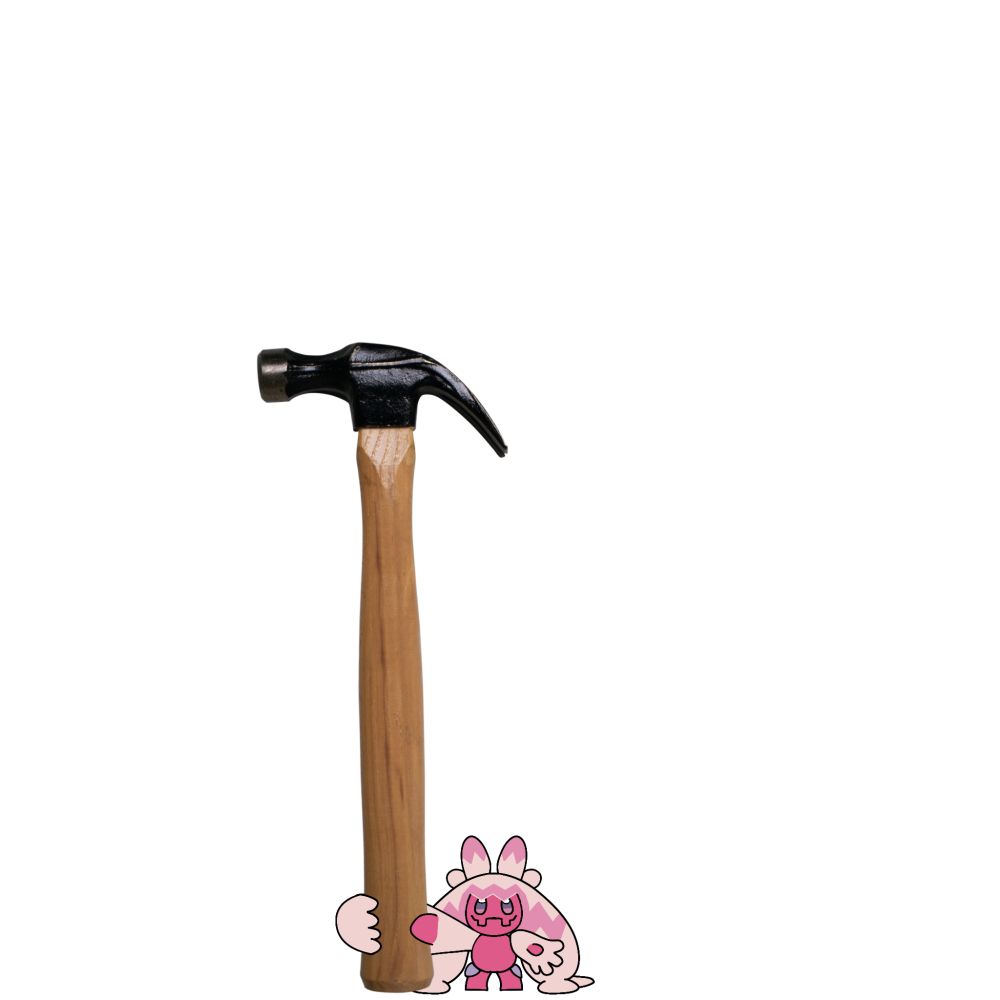 A small tinkaton holding a big png of a hammer