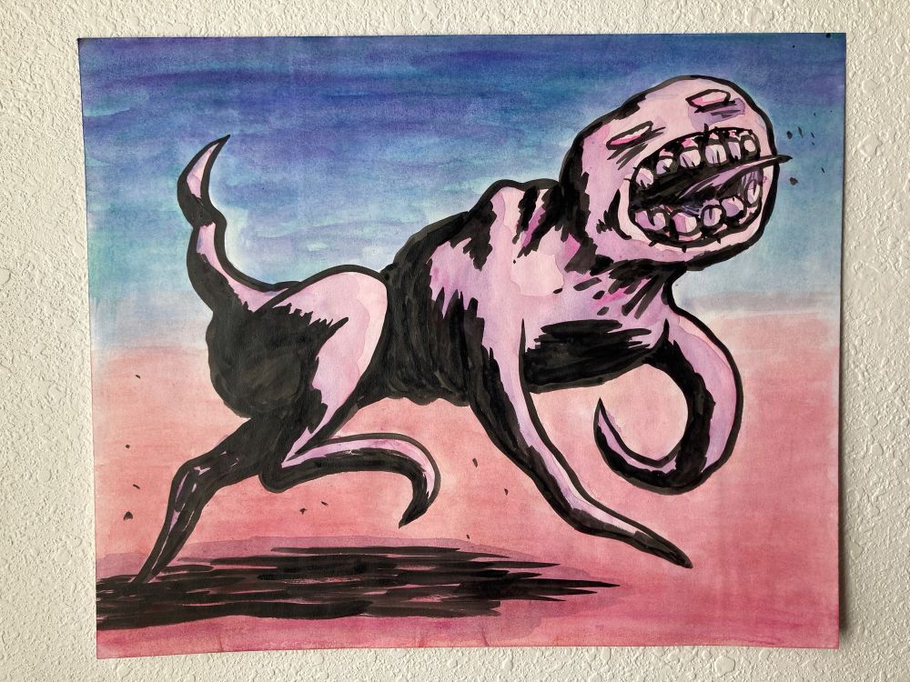 watercolor and ink drawing of a galloping, distressed creature