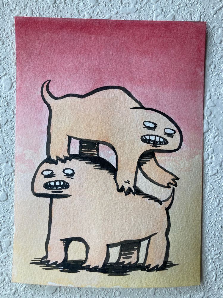 two stacked monsters watercolor and ink