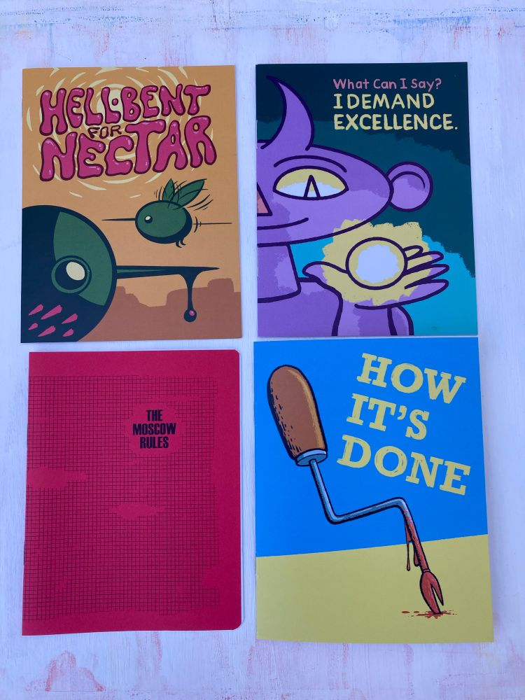 The covers of 4 comics: Hell-Bent For Nectar, I Demand Excellence,The Moscow Rules, and How It’s Done