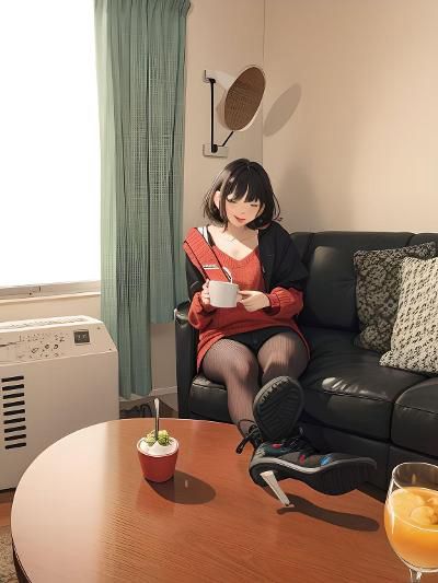 Anime Cartoon of Woman holding a cup with legs crossed on coffee table 