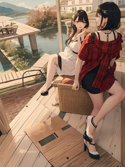 Two Anime Girls Sitting on Deck by the Water 