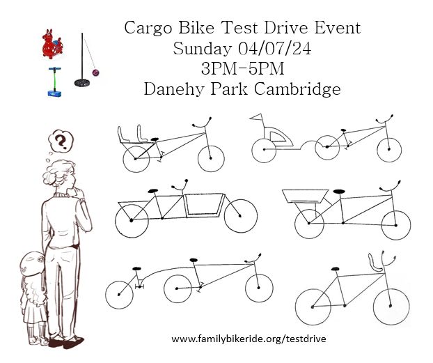 Event graphic showing picture of various types of cargo bikes and a parent and child looking at them as if trying to decide which one is right for them.