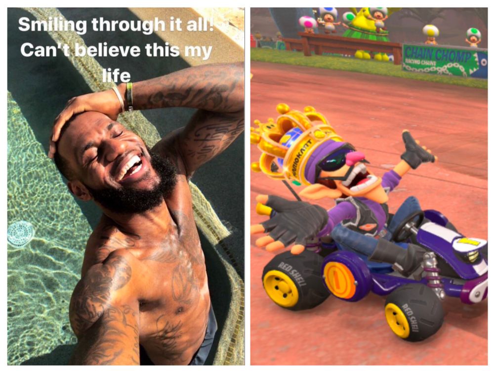 LeBron in a pool "smiling thought it all" while in a pool and waluigi making the same face while after winning a Mario kart race