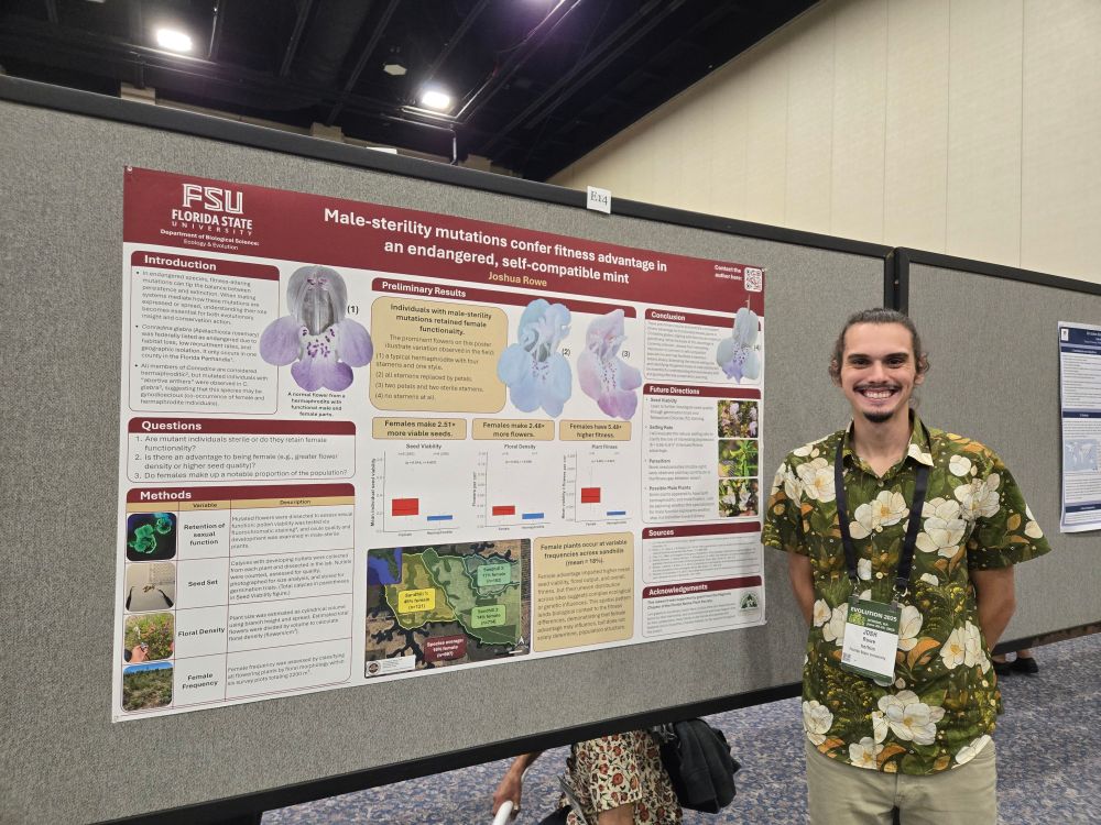 A picture of me standing in front of the poster I presented at Evolution 2025. 

Poster title: male-sterility mutations confer fitness advantage in an endangered, self-compatible mint.