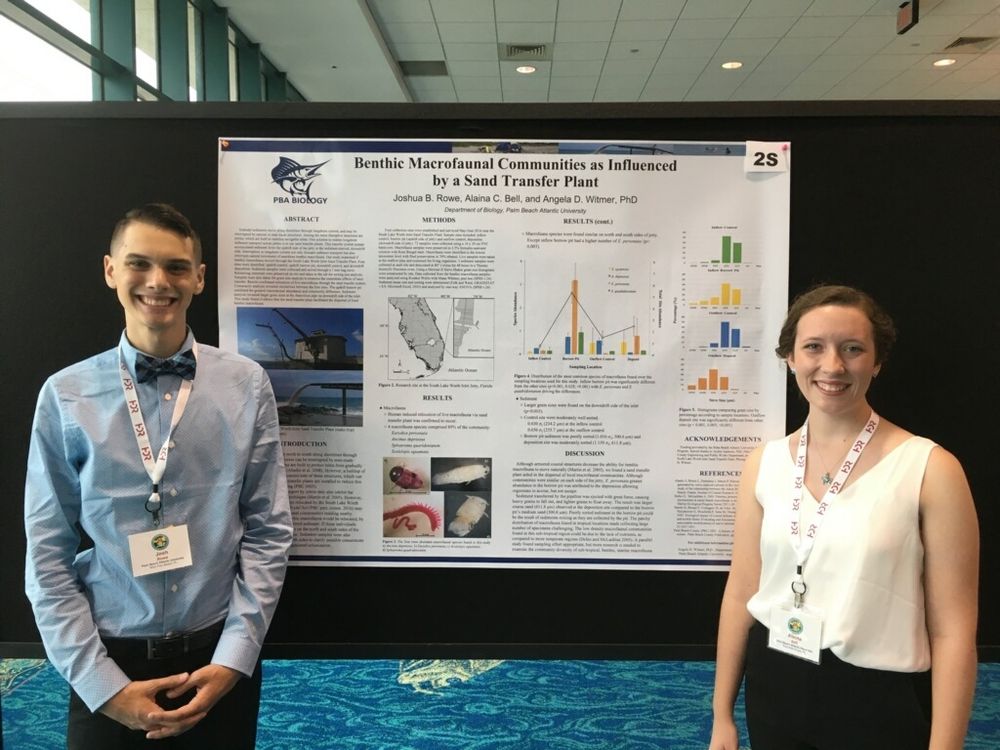 A picture of me, and my peer, standing in from of our poster at the 2018 
American Shore and Beach Preservation Association (ASBPA) conference. Poster title: Benthic macrofaunal communities as influenced by a sand transfer plant.