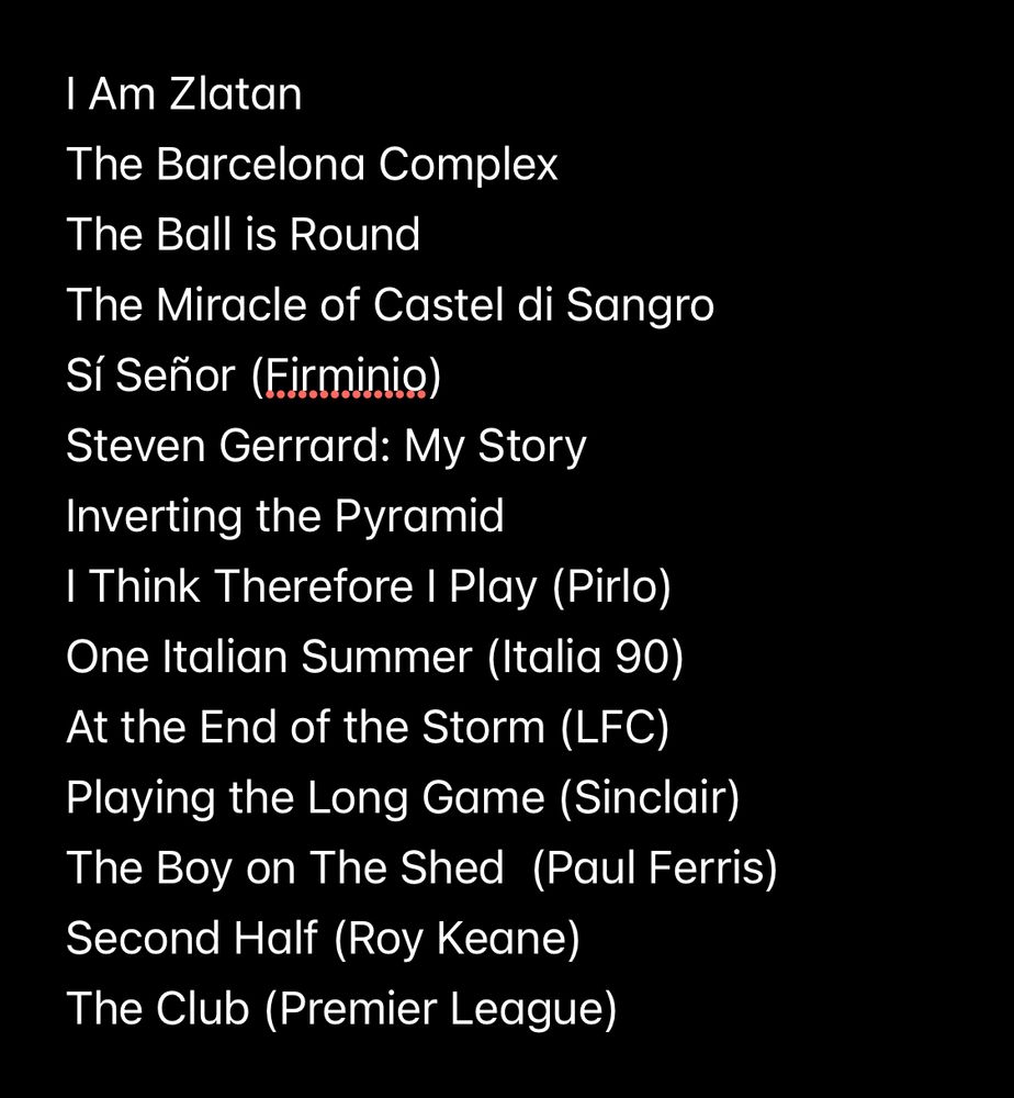 I Am Zlatan
The Barcelona Complex
The Ball is Round
The Miracle of Castel di Sangro
Sí Señor (Firminio) 
Steven Gerrard: My Story
Inverting the Pyramid
I Think Therefore I Play (Pirlo)
One Italian Summer (Italia 90)
At the End of the Storm (LFC) 
Playing the Long Game (Sinclair) 
The Boy on The Shed  (Paul Ferris) 
Second Half (Roy Keane)
The Club (Premier League) 
