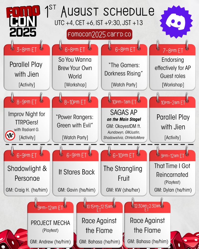 A schedule of events and games for 1st August, Day 1, of FOMOcon 2025. The times are listed in EST with some conversion metrics at top. The events start from 3pm and go till 2:30am the next day. For more details, go to fomocon2025.carrd.co