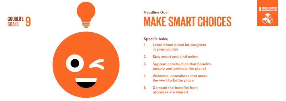 Goodlife Goals for SDGs Goal 9. Orange happy face with an idea lightbulb and text.