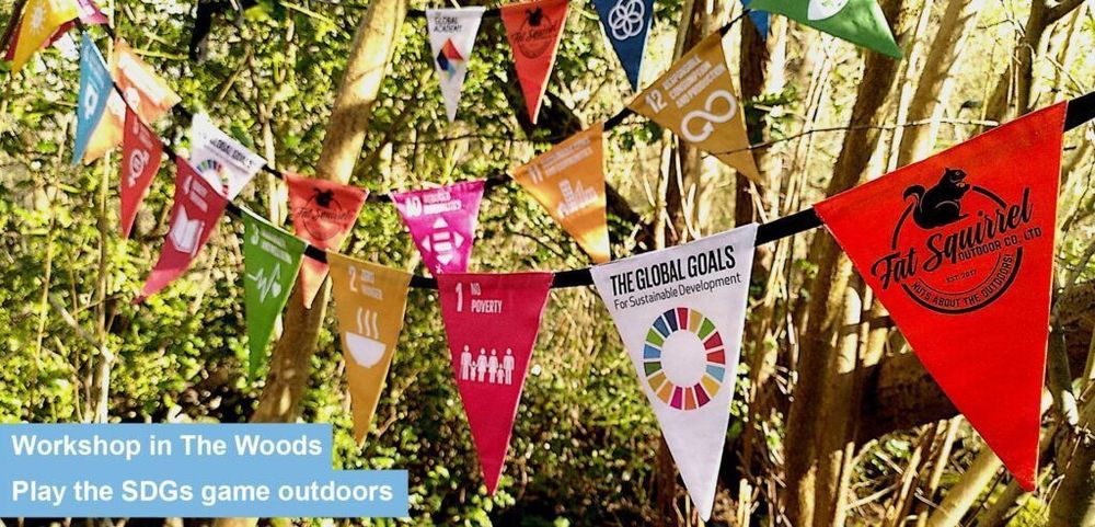 Cheerful bunting in a woodland showing the UN Sustainable Development Goals