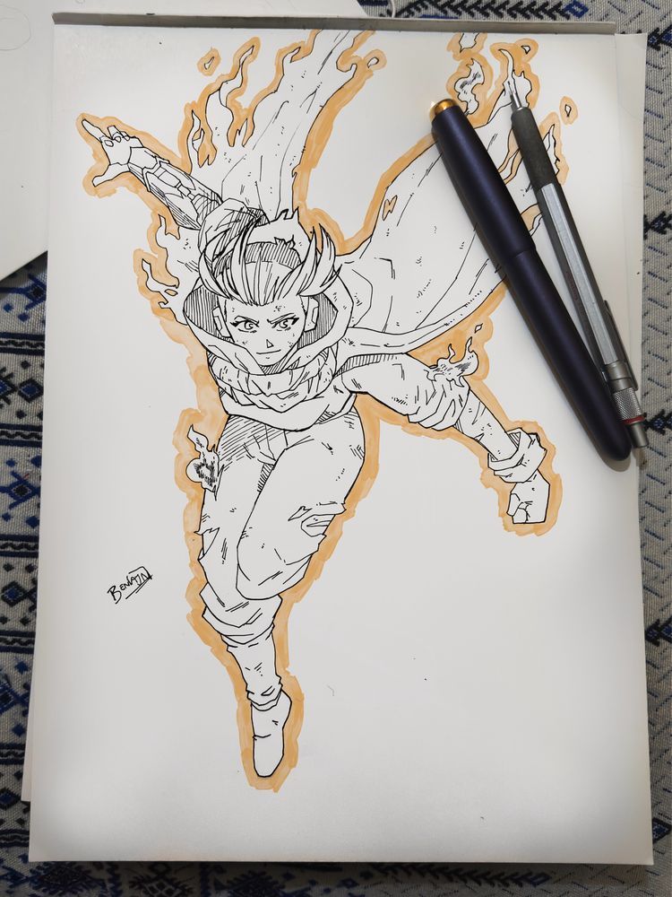 A pen and ink illustration of a dystopian sci-fi woman in ragged clothing with a cyborg arm in a dynamic pose.