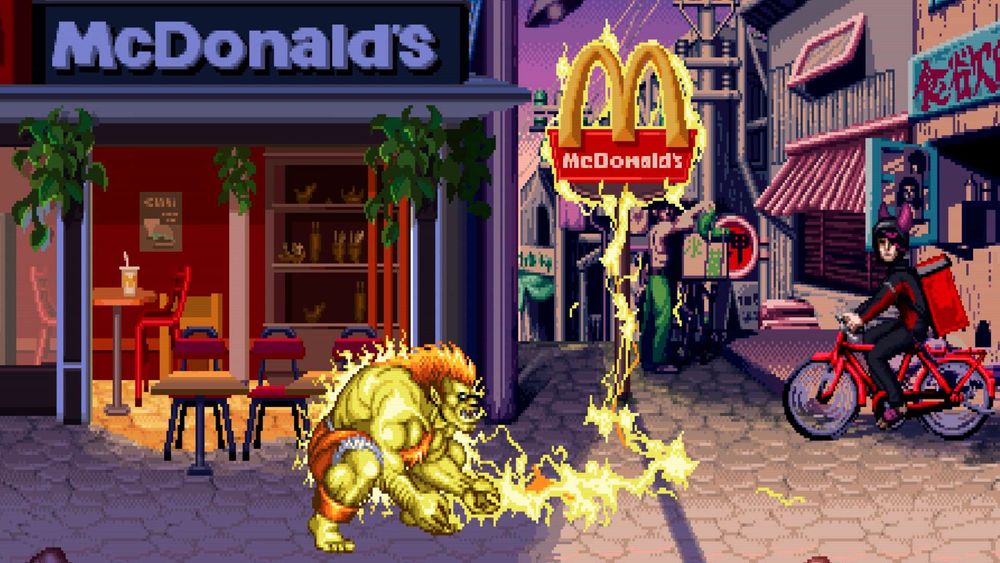 Blanka illumine une enseigne McDo avec une décharge d'électricité.
