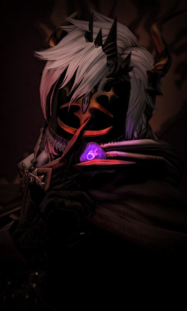 portrait gpose of my hellsguard roe serene (they/them). they are wearing a full mask made from the distance veil and the signifer horns. they stand in front of a thaumaturge guild banner with a black mage stone between the fore and middle finger of their right hand, held aloft in front of the face.