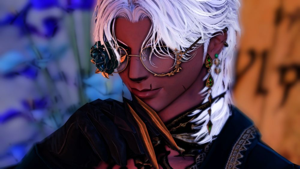 ffxiv gpose - serene (they/them), a hellsguard with brown skin and white-ish hair, is smiling and looking in devious thought with a gloved and clawed hand to their chin. they wear green dangling earrings and other helix piercings and ornate glasses with a green rose on the right side