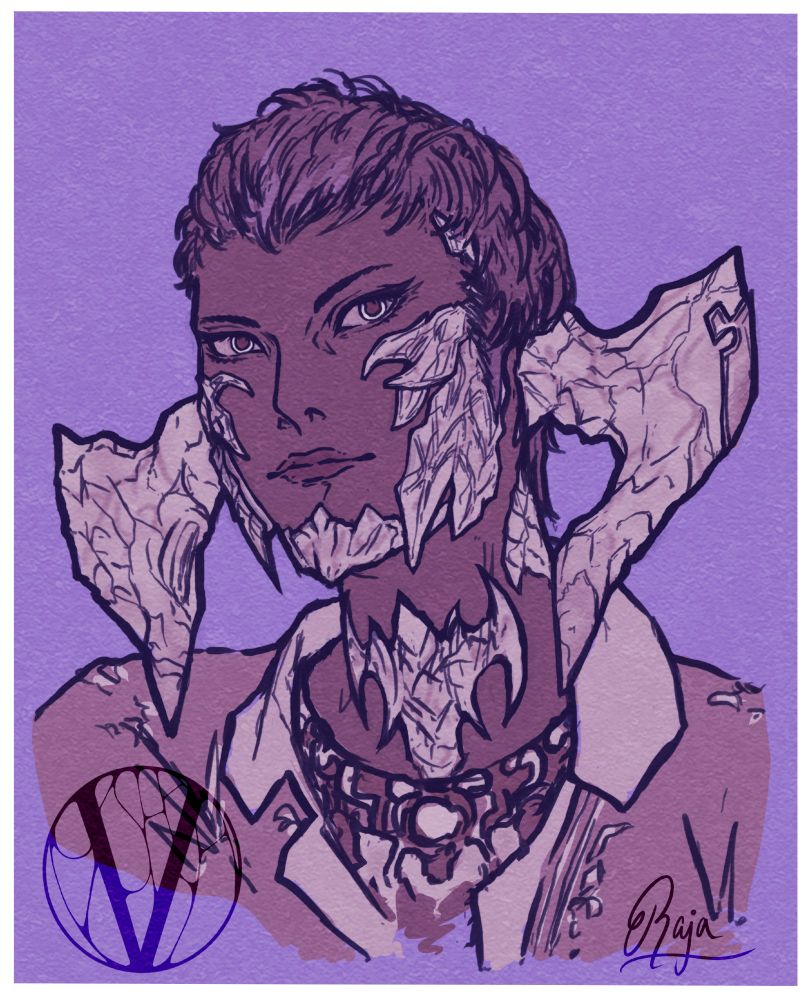 A sketch portrait of a Raen Au Ra - Rajastra Koyumi - belonging to @/rajastraxiv.bsky.social. It is a soft mauve and purple palette, close to monochrome as he leans a little right while looking to the left. he has bright limbal rings and face 3 horns, scales with an opalescent texture