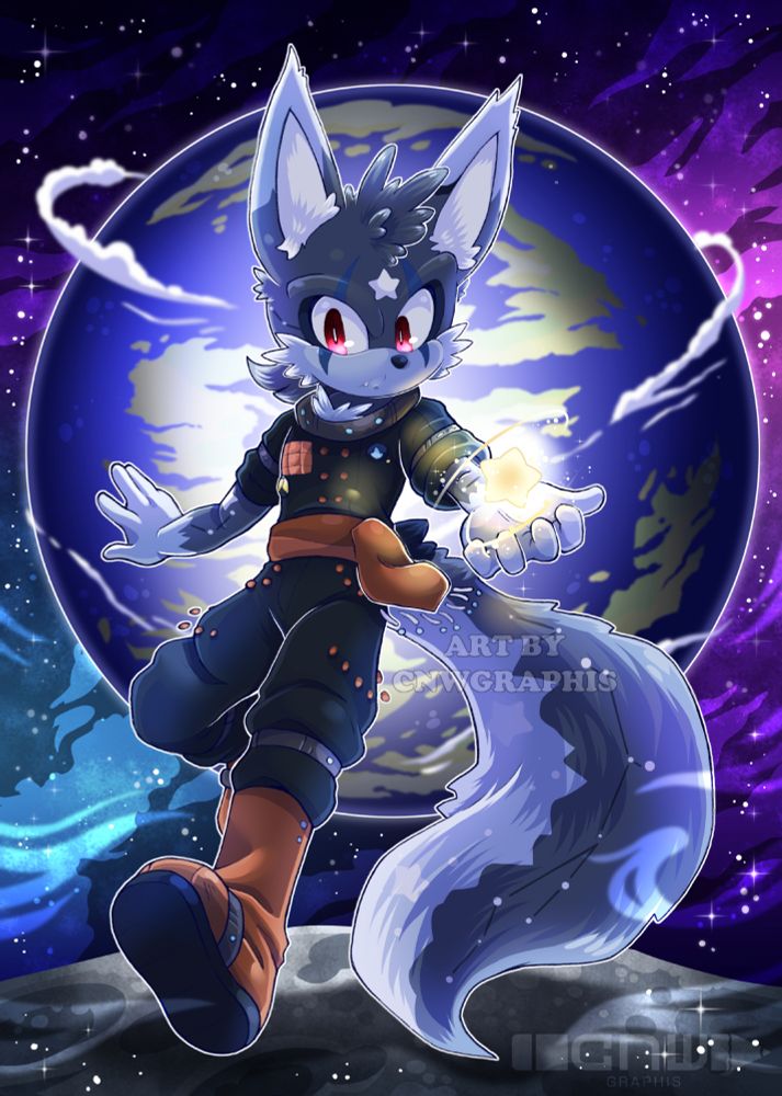 Valricat's sonic oc, Cosmo the Wolf!  The character is in space with a planet glowing behind him. (Not sure if it makes sense but I liked the idea xD)  The character is holding a glowing yellow star.