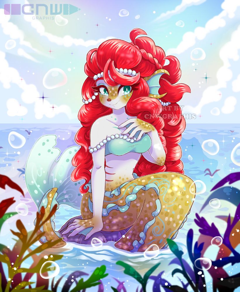 Illustration of Ripfin Bruno sitting in the middle of the ocean on a rock with a soft smile.  Kelp/leaves are in the foreground and bubbles surround her.