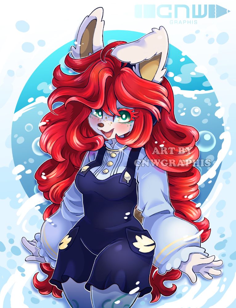 Gift for ifimthedevil of her sea bunny oc, Brunhilde.  A cream fur sea bunny with bright red hair, surrounded by an underwater inspired background.  She wears blue overalls with a light blue blouse with gold details.