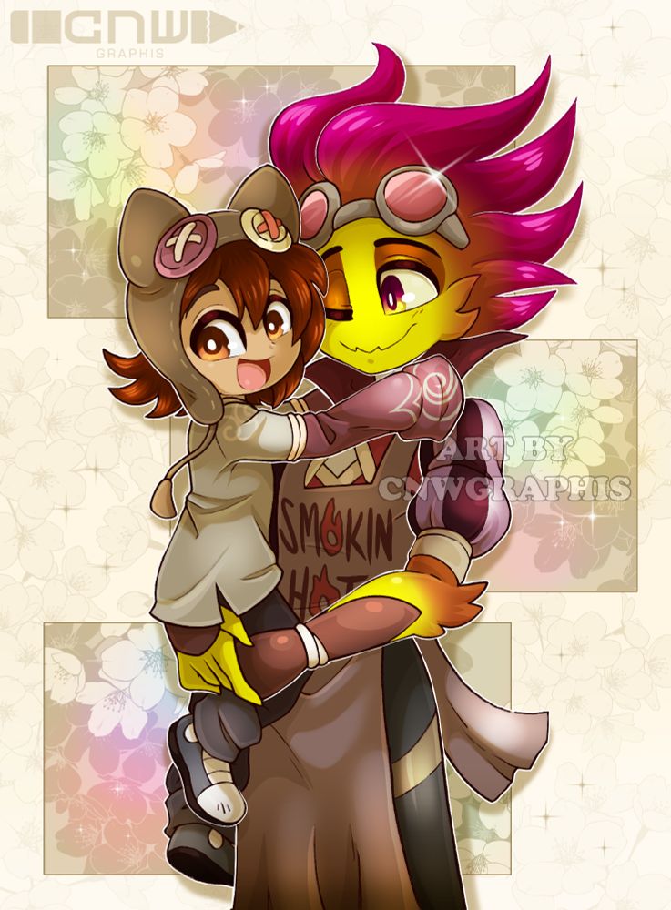 Artfight revenge drawing of Sparklecactus's ocs, Flint and Arya.  Flint his holding Arya in his arms while Arya smiles to the viewer.  The background is a simple big with three rectangles with flowers in them.