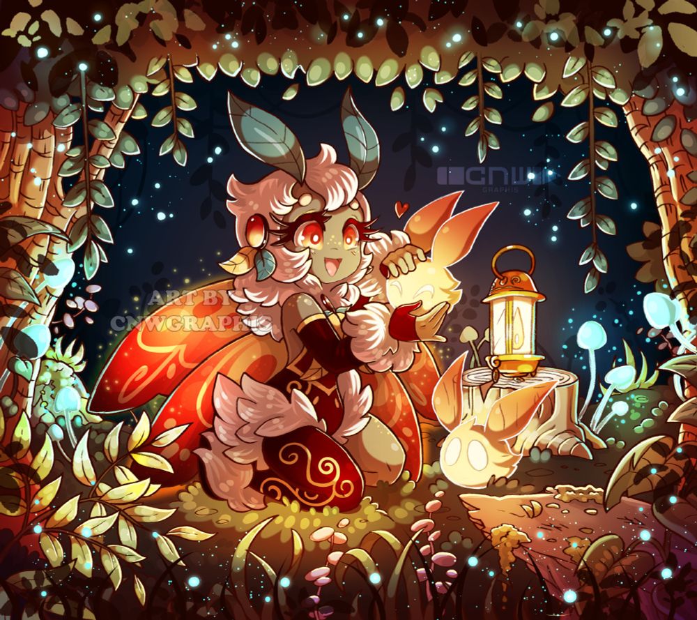 Oldie art of poodlemoth, Eleanor as she sits in a forest with a warm glow from her lantern that is sitting on a stump.  She holds a dusk bunny in her hands and is surrounded by plants, trees and leaves.