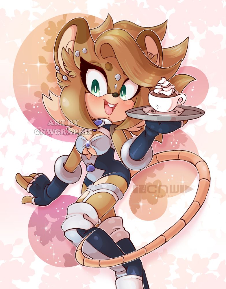 Nympcathy's sonic oc, Emma, for a raffle prize!  She has a bright smile on her face as she hold a tray with a coffee cup on it, topped with whipped cream.