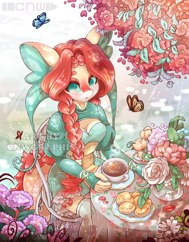 
Butterfly Dragon, Genevieve, sitting in a forest, surrounded by flowers and butterflies.  She has a cup of tea and a plate of biscuits in front of her.