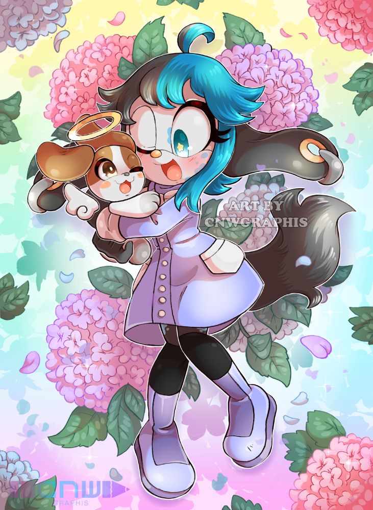 Commission for Fluffypupper of her sona, Beck the dog along with Frankie, her chao.  The two are cuddling while surrounded by pink, blue and purple, hydrangea.