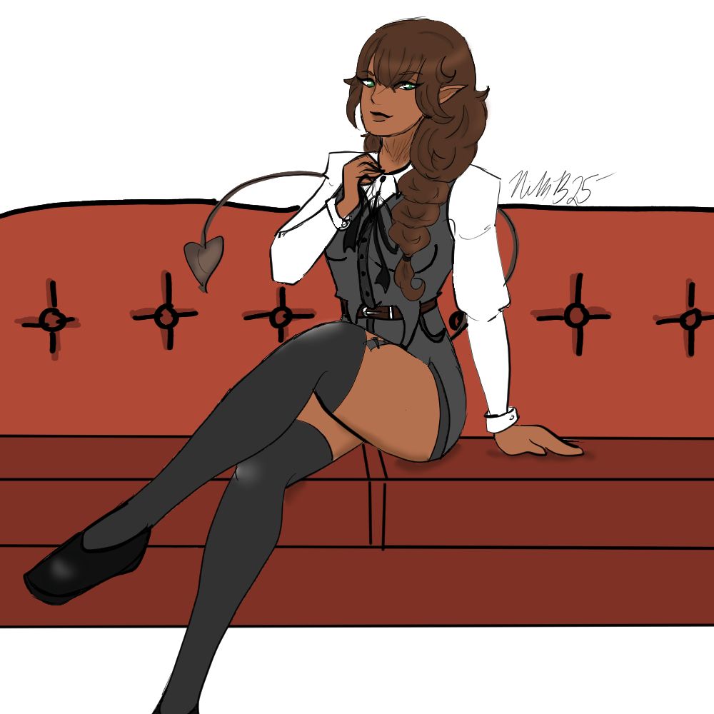 digital illustration of riley cross, a half-demon sapphic woman with brown skin and dark brown hair in a braid. she is sitting on a couch with one leg crossed over the other. she's dressed in sexy business attire.