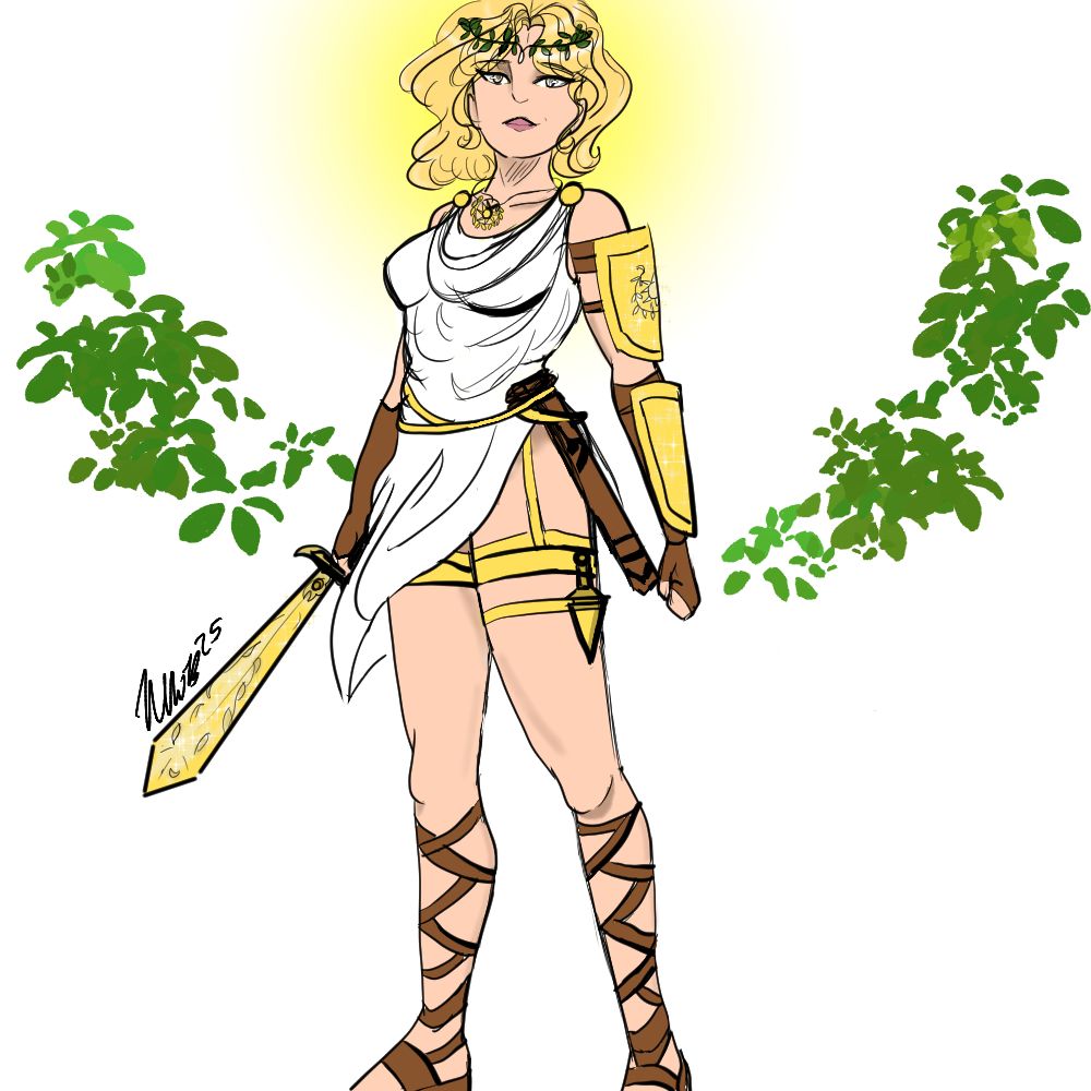 digital illustration of aurelia, a woman with short, wavy blonde hair in clothing inspired by ancient greece. she is holding a golden short sword, with a dagger at her left hip and her left arm covered in golden armor.