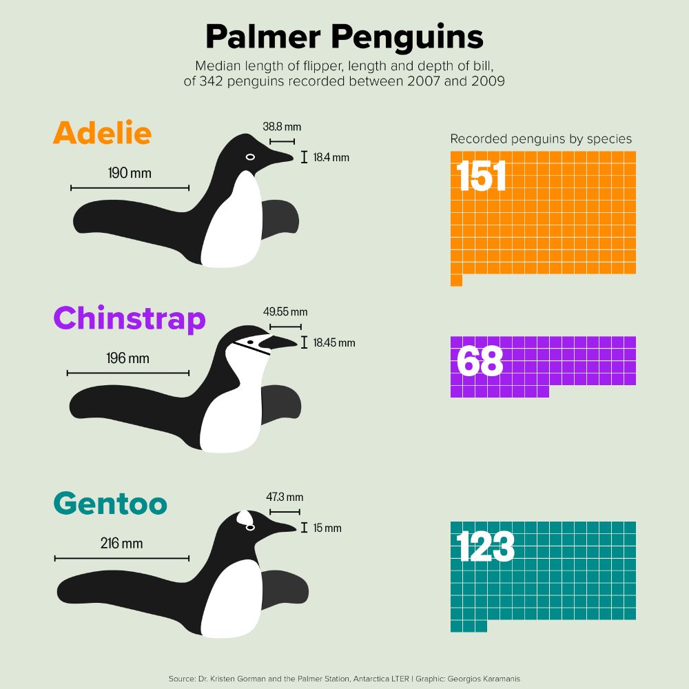 A plot titled "Palmer Penguins" displaying stylized illustrations of three penguin species: Adelie (orange), Chinstrap (purple), and Gentoo (cyan), arranged vertically. Each illustration shows median measurements for bill length, bill depth, and flipper length using labelled lines directly on the penguin drawing. To the right of each penguin, a grid of small coloured squares represents the number of recorded individuals for that species, with the total count displayed numerically. The subtitle indicates the data represents median measurements from 342 penguins recorded between 2007 and 2009. The background is a pale green-grey.