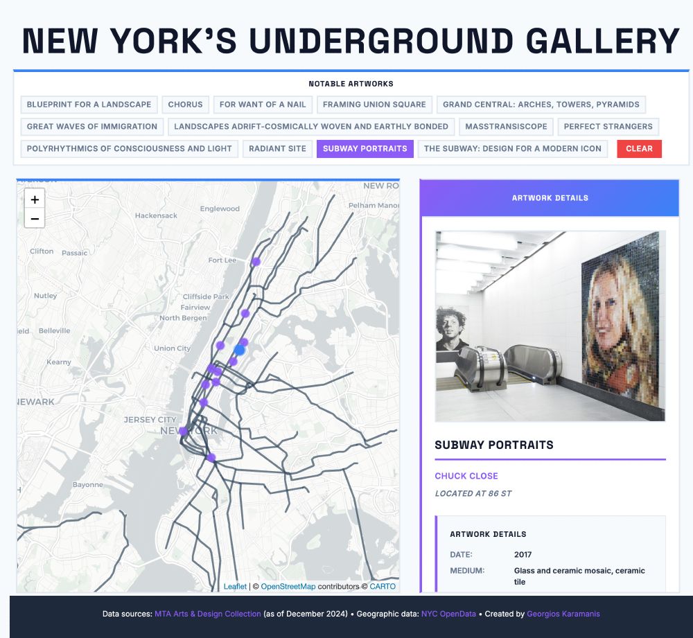 Screenshot of 'New York's Underground Gallery' interactive web application showing MTA subway art locations. The interface features a large title at the top, followed by a control panel with small clickable buttons for notable artworks including 'Wall-Slide', 'Subway Portraits', 'Blueprint for a Landscape', and others, with a red 'CLEAR' button. The main content area displays a map of New York City subway lines on the left side with purple circular markers indicating artwork locations, and a detailed artwork viewer panel on the right side titled 'ARTWORK DETAILS' with a purple gradient header. The right panel shows information for a selected artwork including an image placeholder, artwork title, artist name, station location, metadata such as date and medium, and a description. The interface uses a modern design with Space Grotesk and Inter fonts, purple and blue accent colors, and a clean white background. A dark footer at the bottom credits data sources including MTA Arts & Design Collection and NYC OpenData, and lists the creator as Georgios Karamanis.