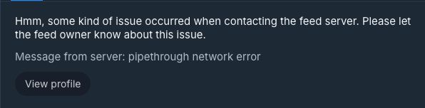 An error message from the Mutuals feed on Bluesky. It says: "Message from server: pipethrough network error".