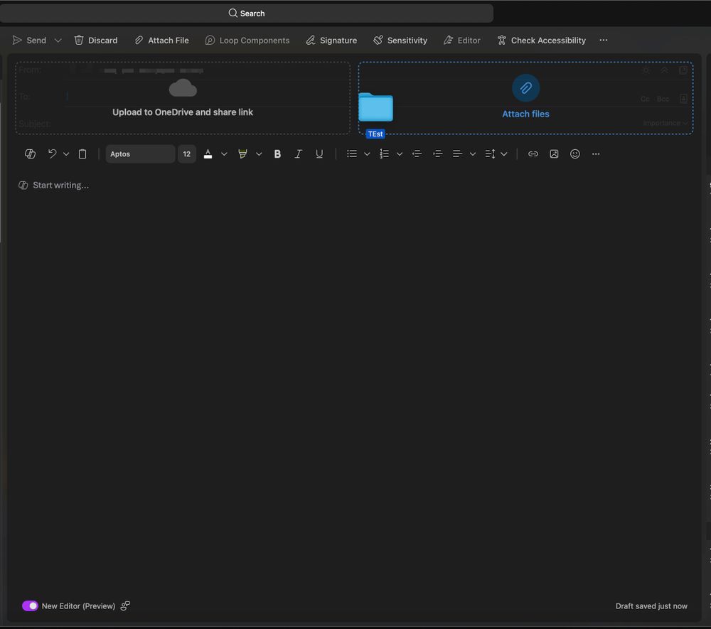 Outlook email draft in dark mode with a folder named Test attached. The body is blank with the text Start writing, and the bottom dock shows apps like ChatGPT, Premiere Pro, Photoshop, Excel, and Safari.