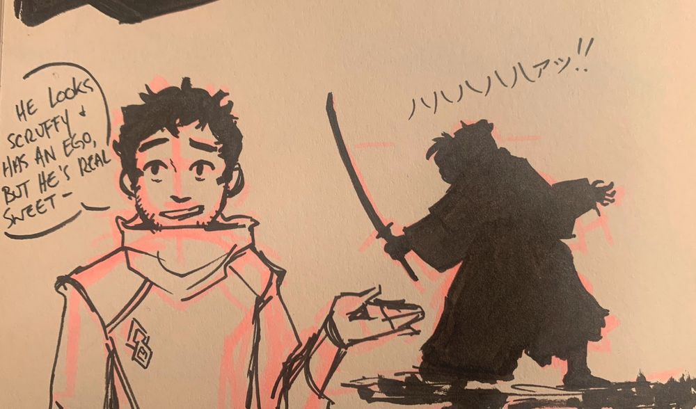 Fate/Grand Order sketch of a male master, and Okada Izo in the background doing his noble phantasm.
"He looks scruffy & has an ego, but he's real sweet-"