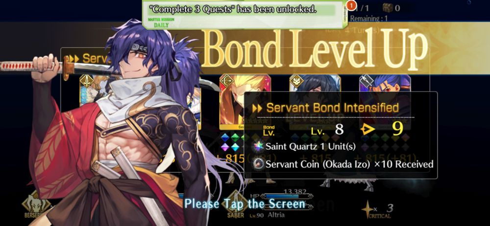 fate/grand order screenshot of assassin servant Okada Izo reaching Bond level 9