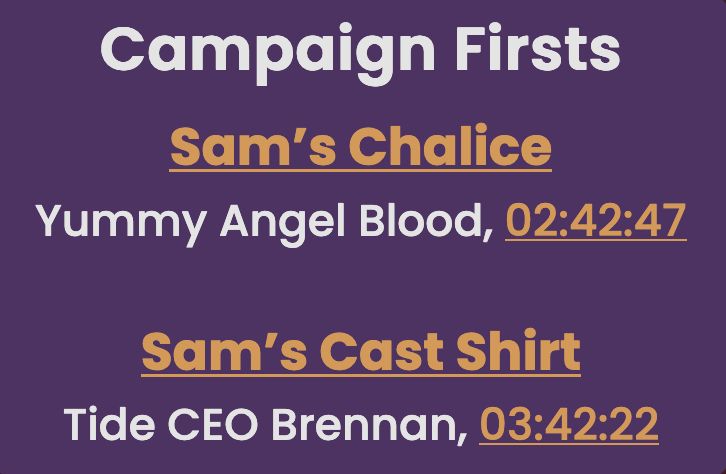 Campaign Firsts
Sam’s Chalice. Yummy Angel Blood, 02:42:47.
Sam’s Cast Shirt. Tide CEO Brennan, 03:42:22.