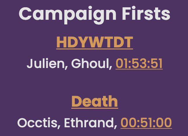Text: Campaign Firsts. HDYWTDT: Julien, Ghoul, 01:53:51. Death: Occtis, Ethrand, 00:51:00.