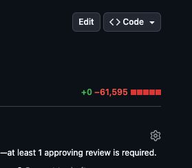 Github screenshot showing a pull request deleting 61,595 lines of code. There are 0 additions.