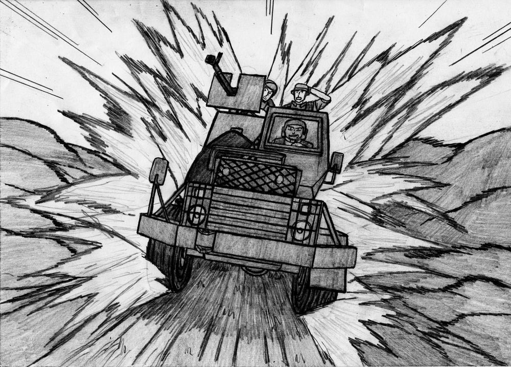 It's a drawing of a vehicle from the front driving at high speed, the vehicle is a Buffel IMV with soldiers on board, there's also an explosion behind them as they drive.