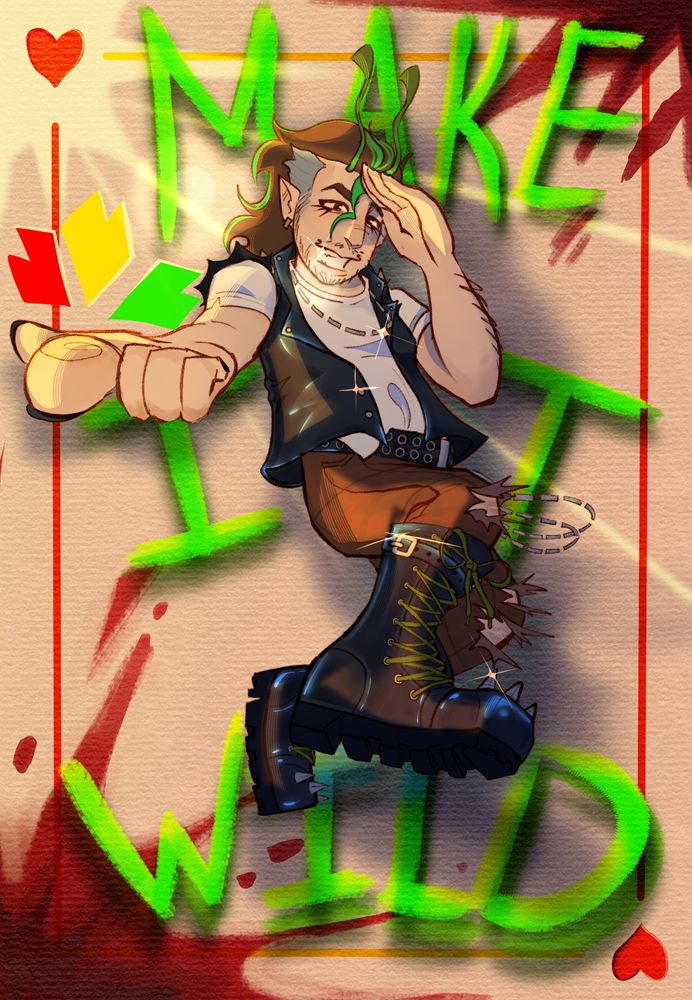 Joel Smallishbeans hovering above a playing card that has been splattered with blood. There is text behind him that reads "Make it wild" 