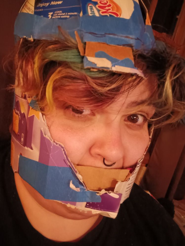 A photo of Rina wearing a helmet made  out snack boxes and masking tape. The mask is hiding their mouth and there's visible redness from Rina trying to yank it off