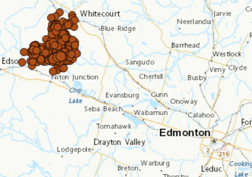 Weather map showing a massive tight cluster of lightning strikes off to the northwest of Edmonton