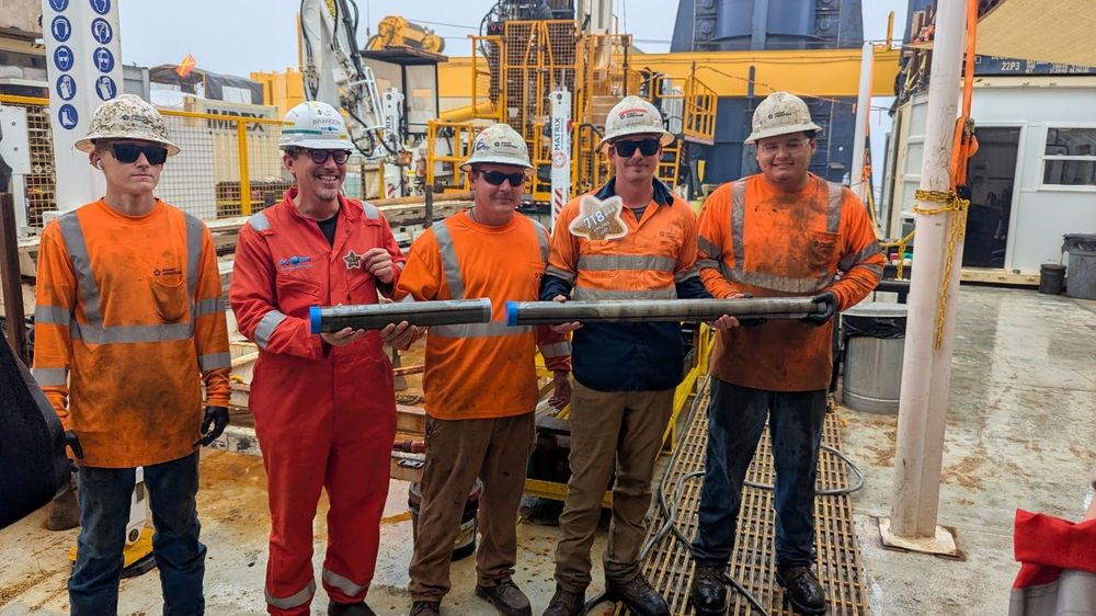 The final core from the final Hole! From left to right the Boart Longyear team Chris Redding (Helper), Co Chief Brandon Dugan, Chandler Maine (Supervisor), Nick Boehne (Driller) and Lalo Aguilar (Helper).
