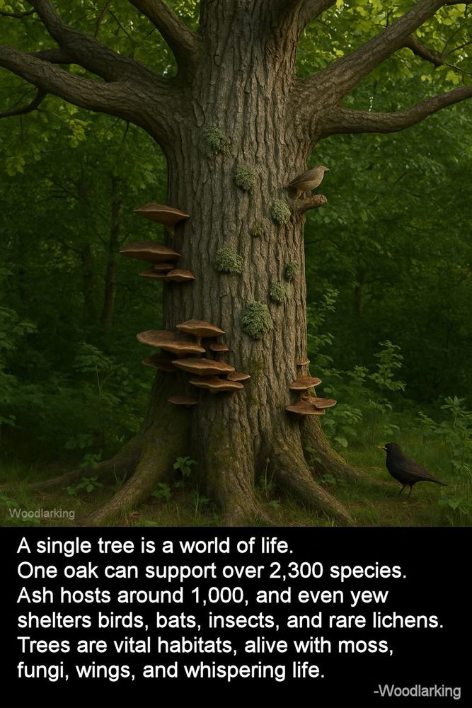 A single tree is a world of life.
One oak can support over 2,300 species.
Ash hosts around 1,000, and even yew shelters birds, bats, insects, and rare lichens.
Trees are vital habitats, alive with moss, fungi, wings, and whispering life.
-Woodlarking