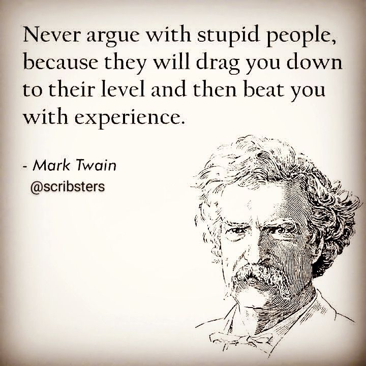 Never argue with stupid people, because they will drag you down to their level and then beat you with experience.
- Mark Twain
@scribsters