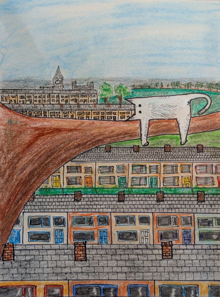 White cat laying on a tree branch in front of a town scene