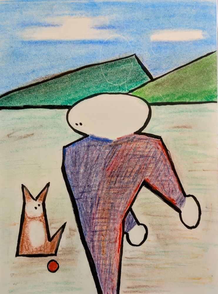 Drawing. FIgure with dog and ball on the beach 