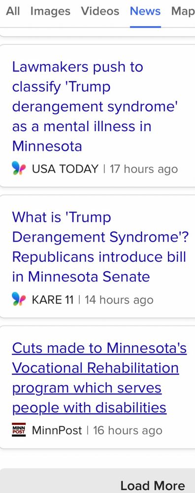 Screen capture of Minnesota news headlines, “Lawmakers push to classify ‘Trump derangement syndrome’ as mental illness in Minnesota” and “Cuts made to Minnesota’s Vocational Rehabilitation program which serves people with disabilities”