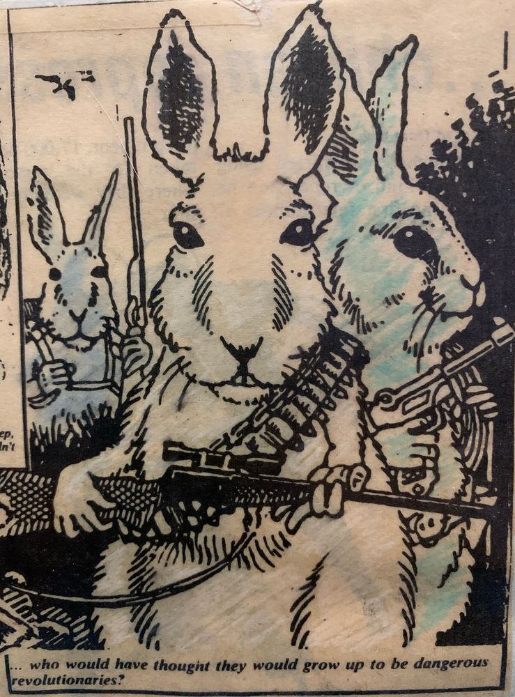 Line drawing of three bunnies wearing bandoliers and holding big guns