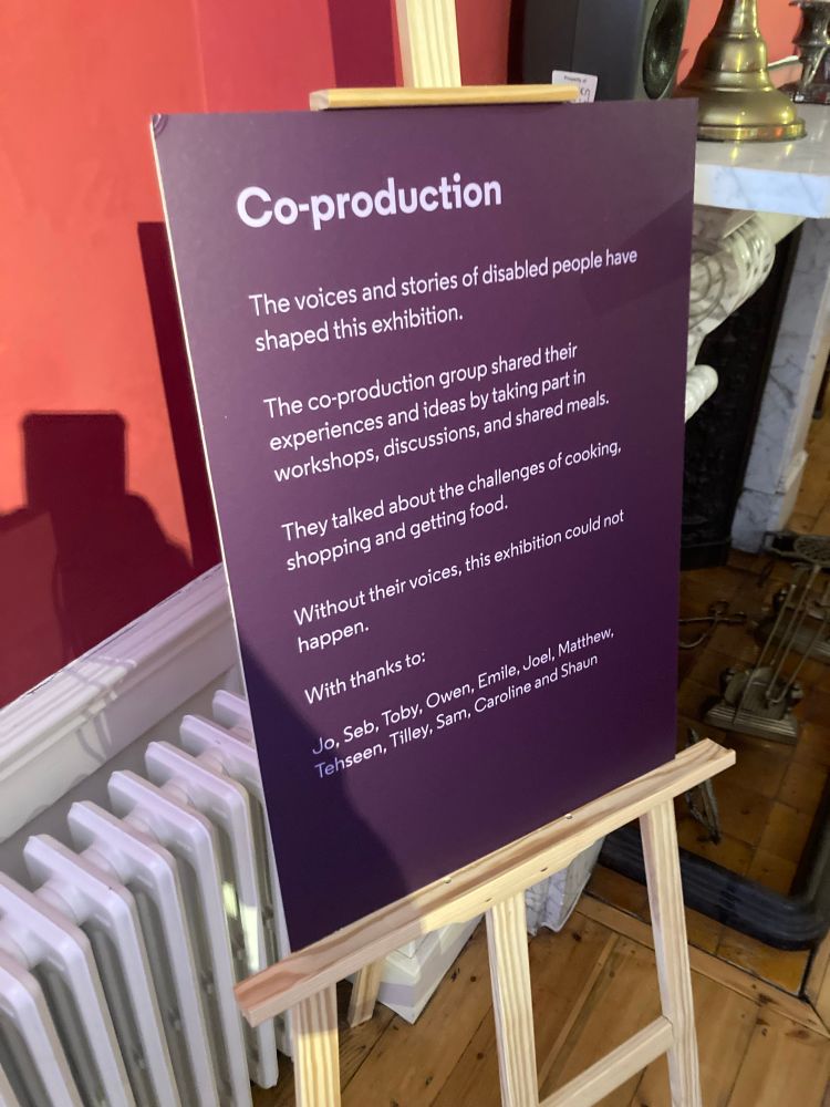 Text panel for the “Food, Not Cuts” exhibition at the Food Museum which had its official #CuratingVisibility opening today. Very topical and informed by co-curation with people with lived experience of the issues tackled.  
This panel lists the co-curators. as it says, “without their voices this exhibition could not happen”. 